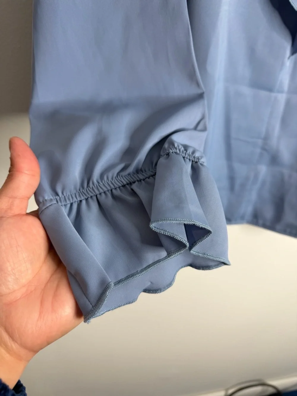 NWT Allegra K Blue Ruffle Blouse XL Minimalist Clean Girl Workwear Office Casual